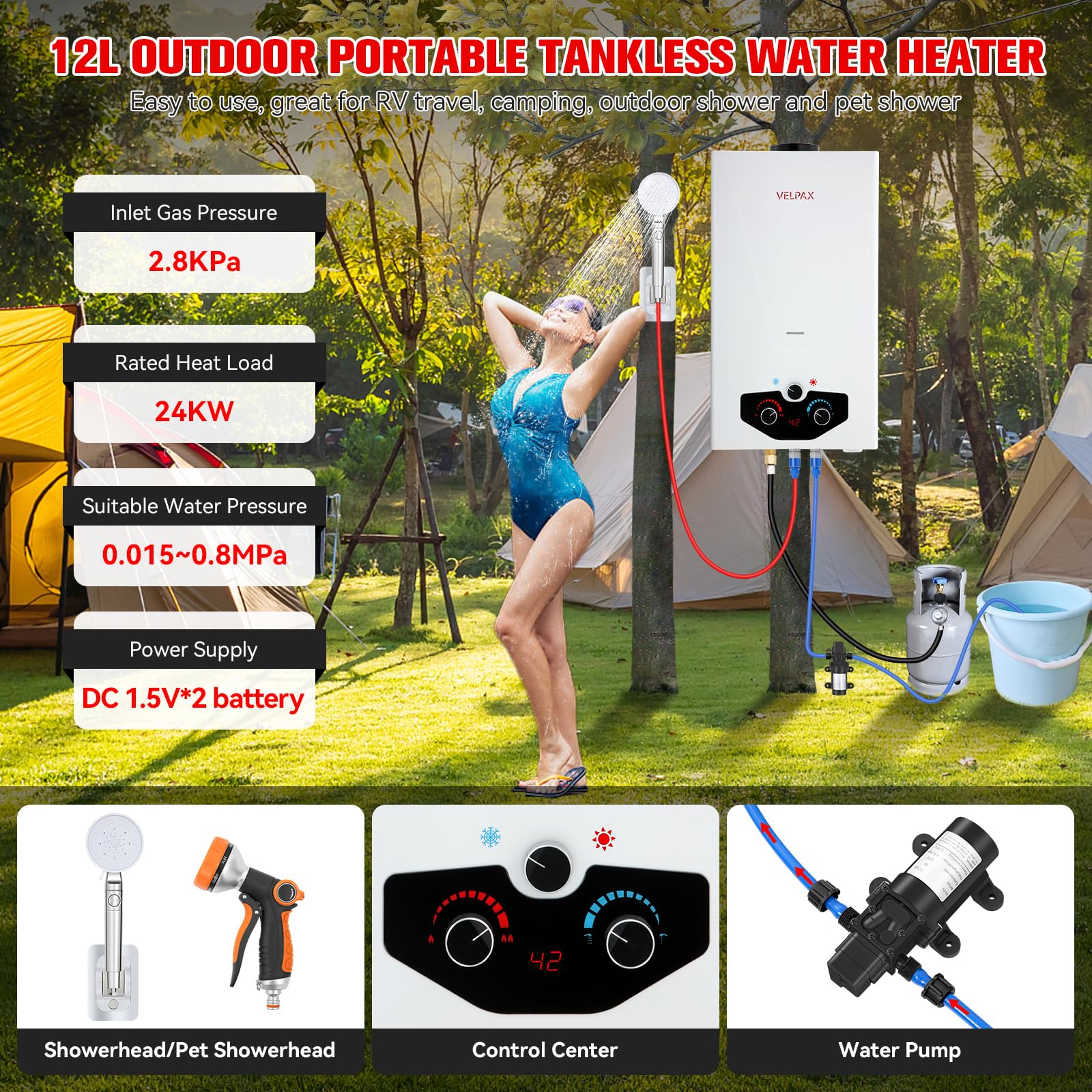 Velpax portable outdoor design with folding handles for easy transport.