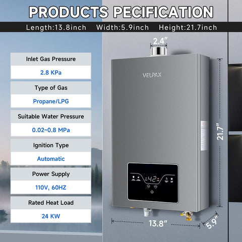 VELPAX propane tankless water heater digital display showcasing precise temperature control
