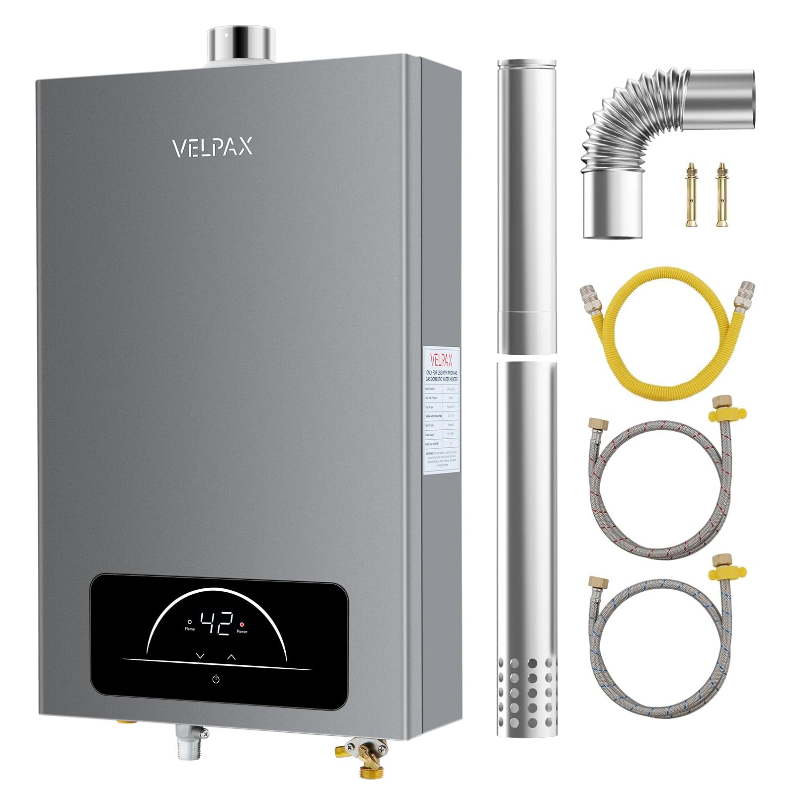VELPAX propane tankless water heater exterior shows stainless steel durability for longevity.