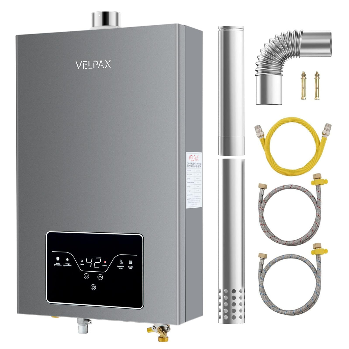 VELPAX propane tankless water heater front view highlighting compact design for space-saving homes