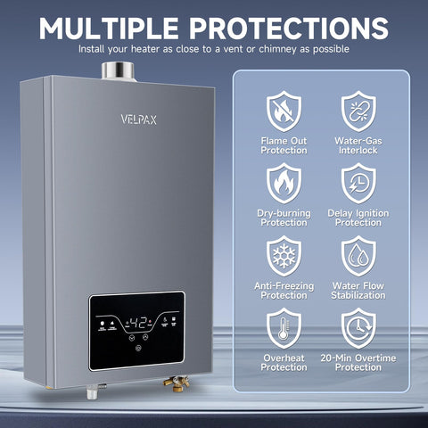 VELPAX propane tankless water heater in use in a bathroom or kitchen