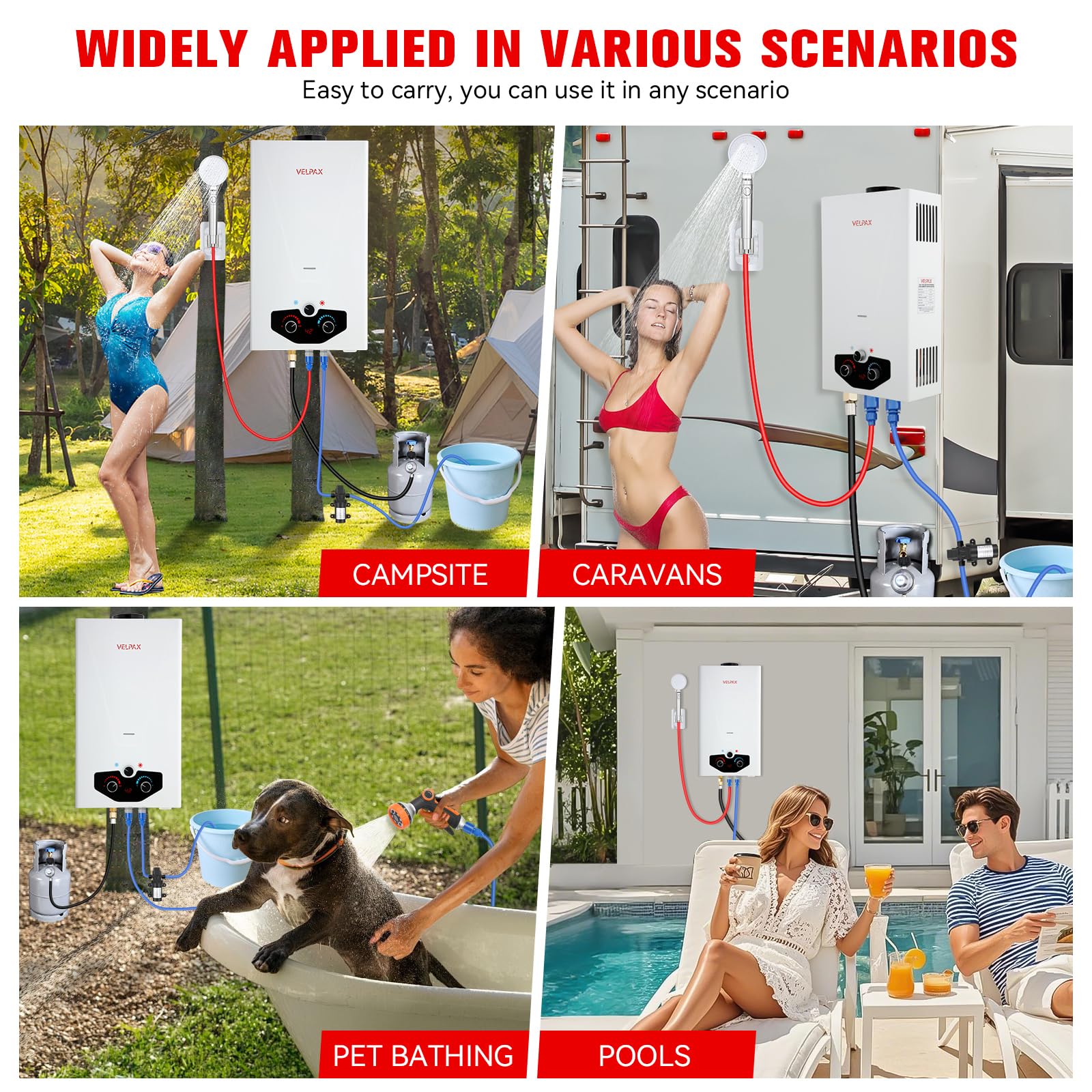 Velpax outdoor shower suitable for camping, fishing, pets, and cabins.