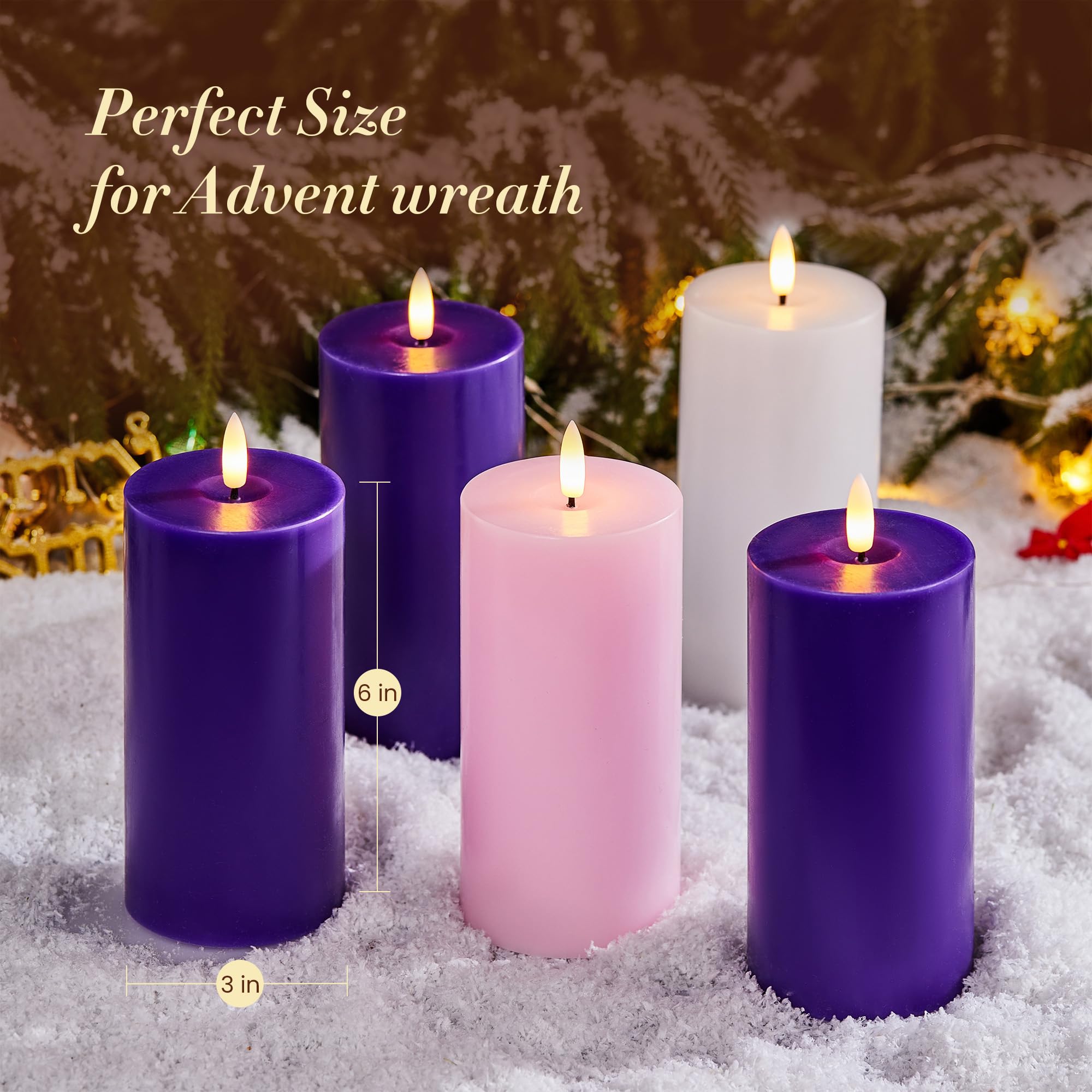 Velsyn 3x6 pink purple advent candles for wreaths and mantels