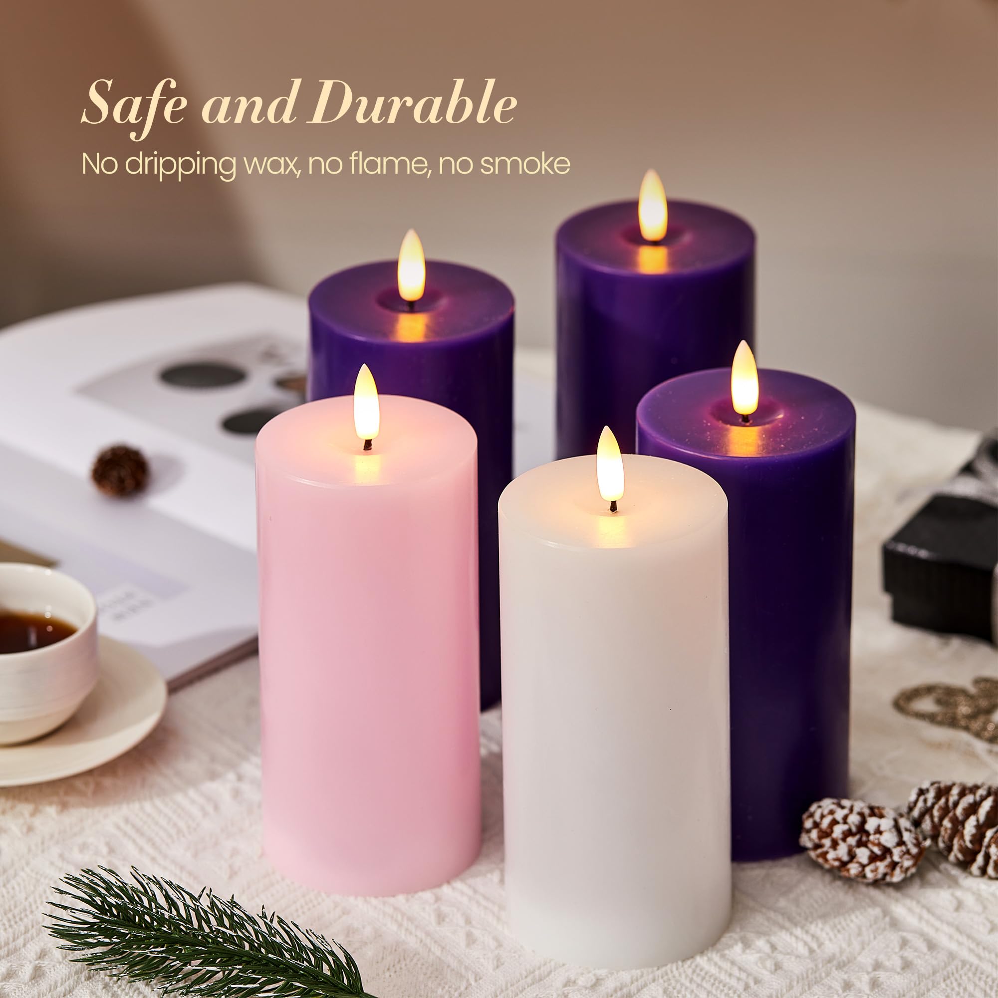 Velsyn battery operated candles provide dripless, mess free decor