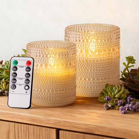 Velsyn dotted glass flameless candle 3x4 with gold finish for elegant tables