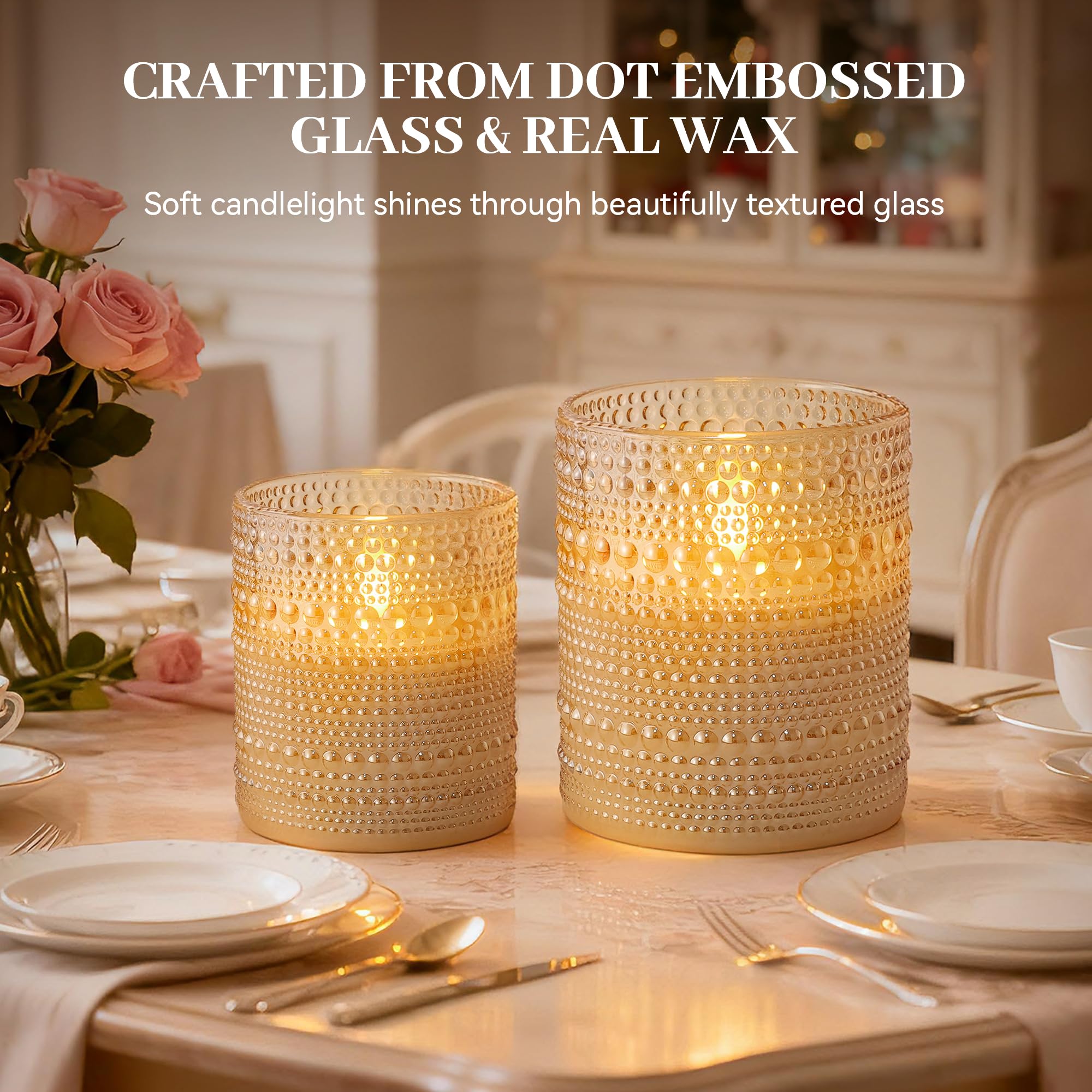 Velsyn dotted glass flameless candle 4x5 in gold adds warm ambiance