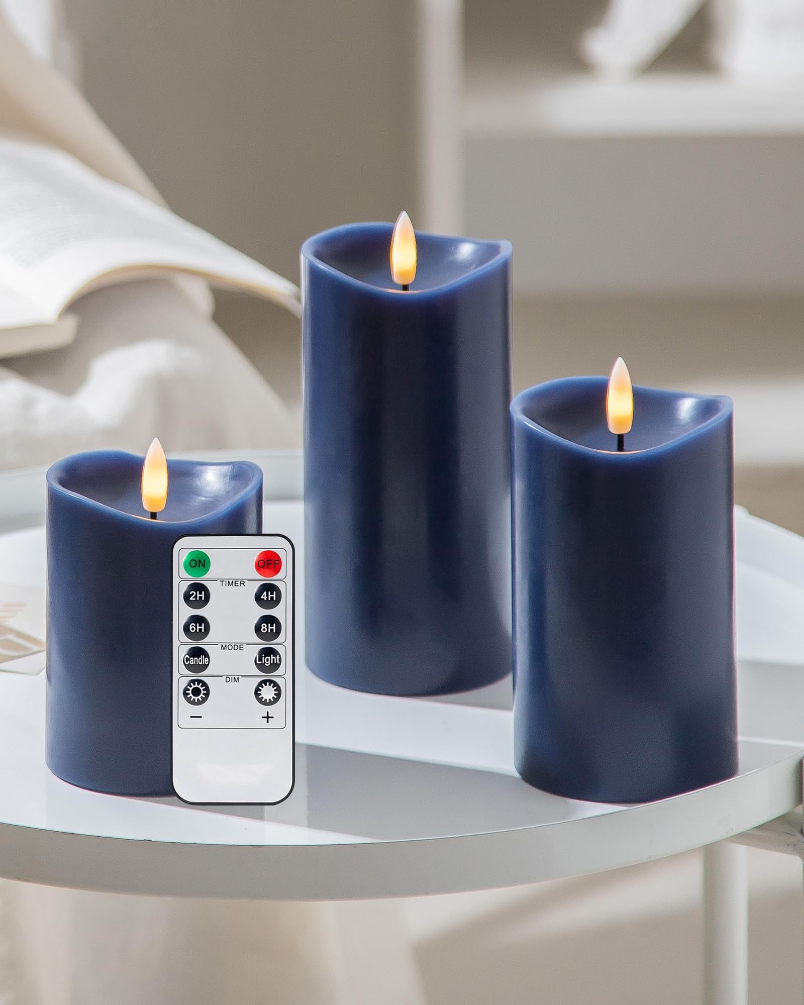 Velsyn navy blue flameless candles with remote for safe, cozy ambiance