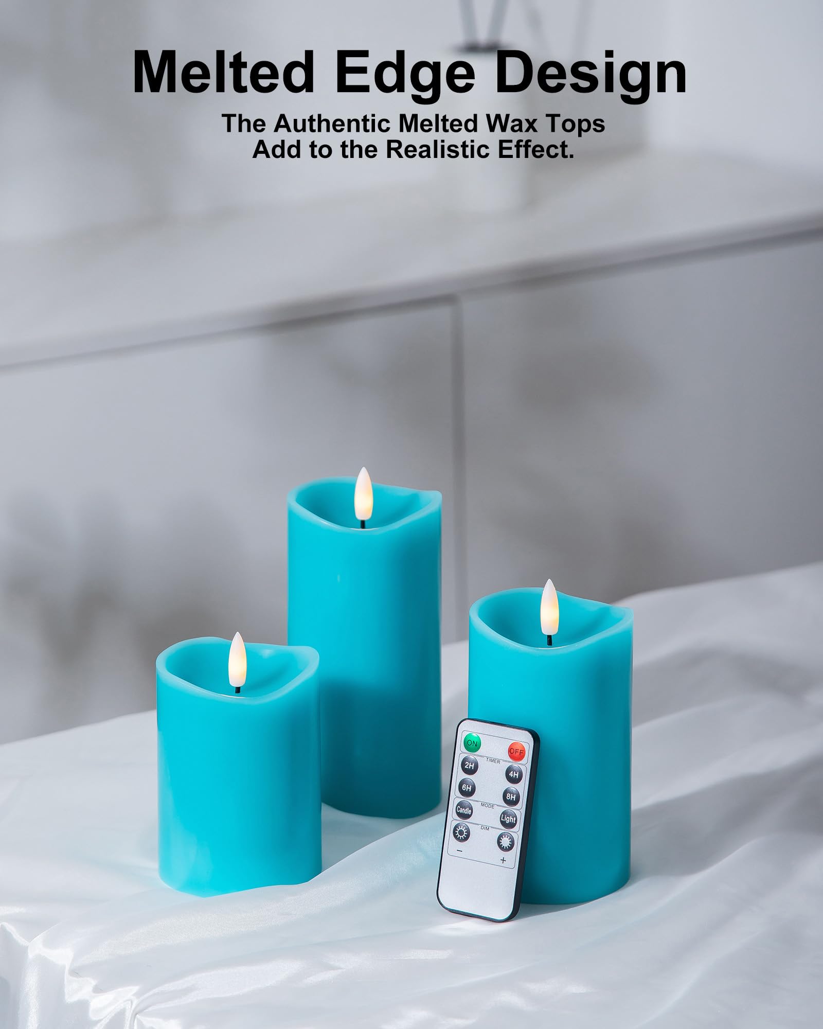 Velsyn teal flameless candles suited for teal bathroom decor and mood lighting