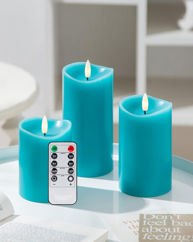 Velsyn teal flameless candles with remote timer create safe, cozy ambiance without flame