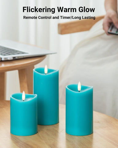 Velsyn teal candle set stands out as a stylish gift-ready decor piece