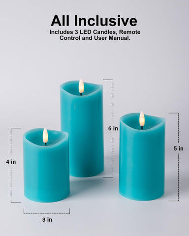 Velsyn teal candles include a remote control for easy on off and timer use