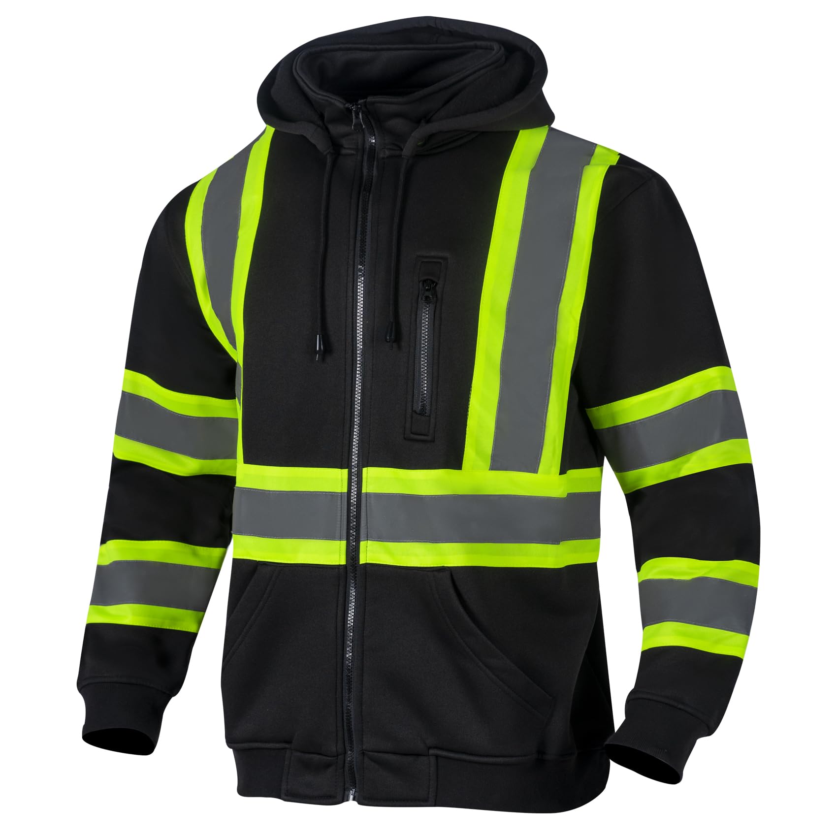 VENDACE high visibility hoodie showing front zipper for easy layering and wind protection