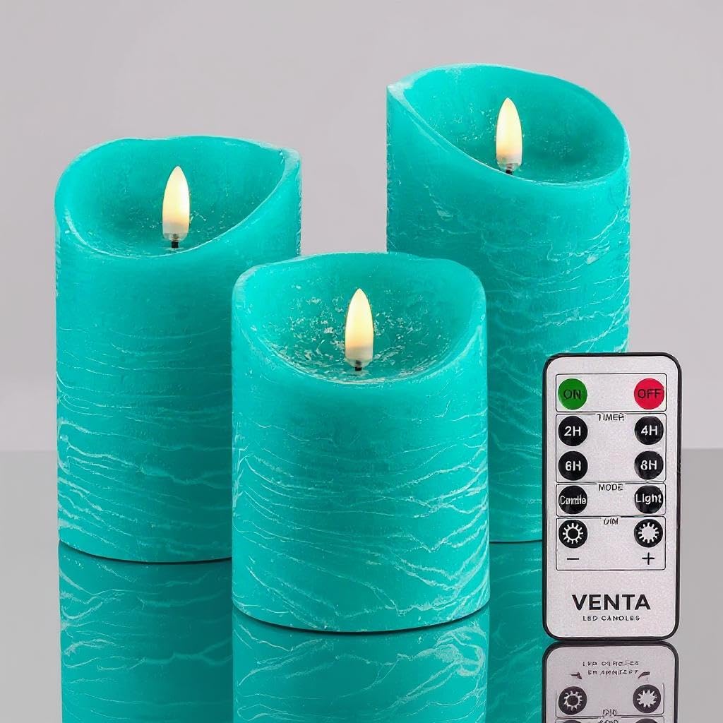 Venta turquoise real wax flameless candles set of three for coastal ambiance