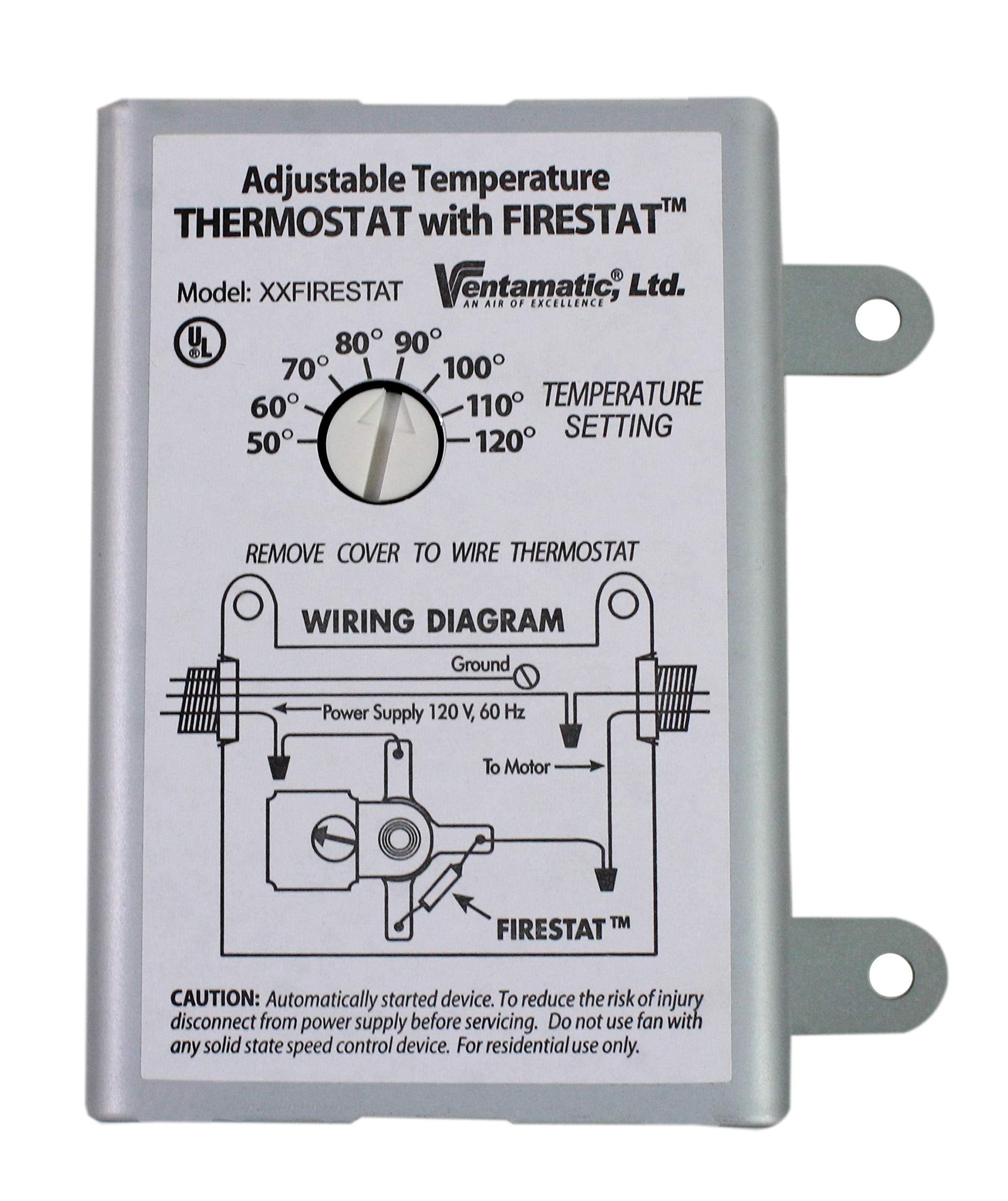 Ventamatic XXFIRESTAT front view: compact white thermostat for attic ventilation.