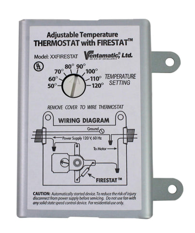 Ventamatic XXFIRESTAT front view: compact white thermostat for attic ventilation.