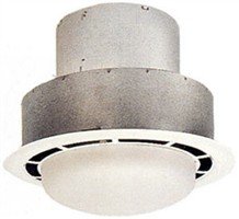 Ventline V2244-50 ceiling-installed view, vertical exhaust and built-in light in action.