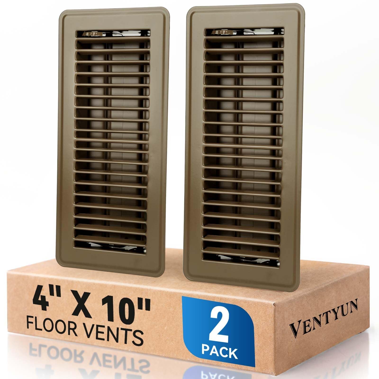 Ventyun 4x10 floor register front view in brown with adjustable airflow for tailored comfort.