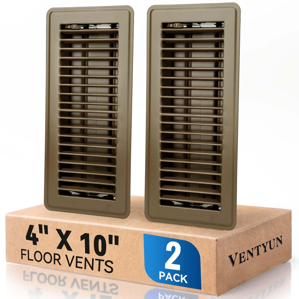 Ventyun 4x10 floor register front view in brown with adjustable airflow for tailored comfort.