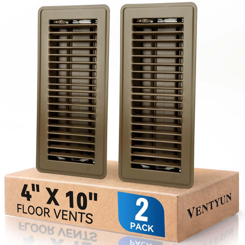 Ventyun 4x10 floor register front view in brown with adjustable airflow for tailored comfort.