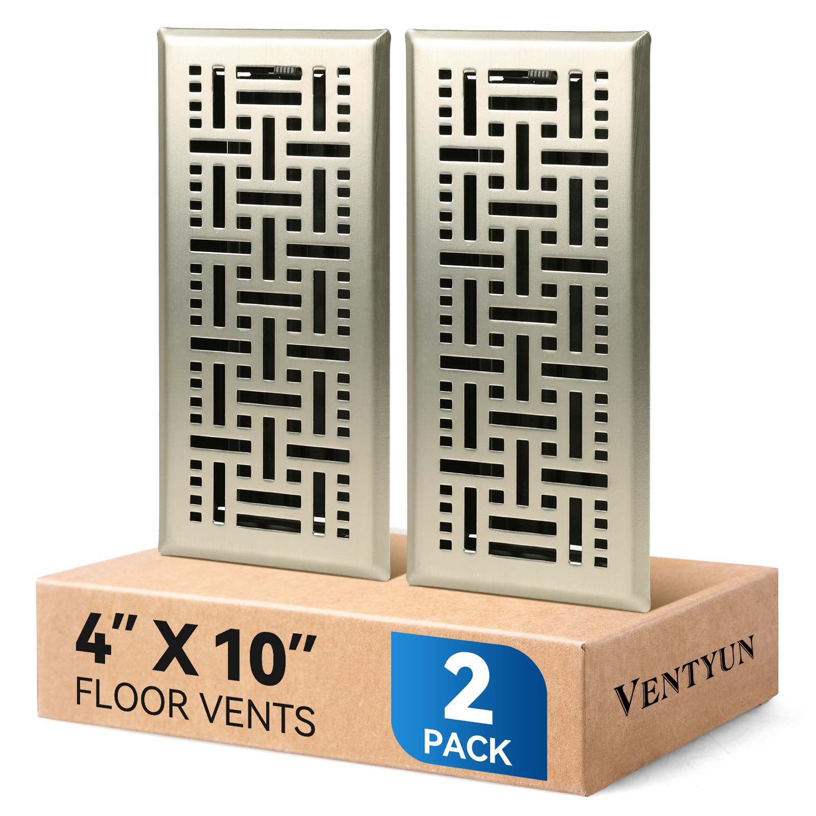 Ventyun floor register 4x10 brushed nickel front view with curved safety edge.