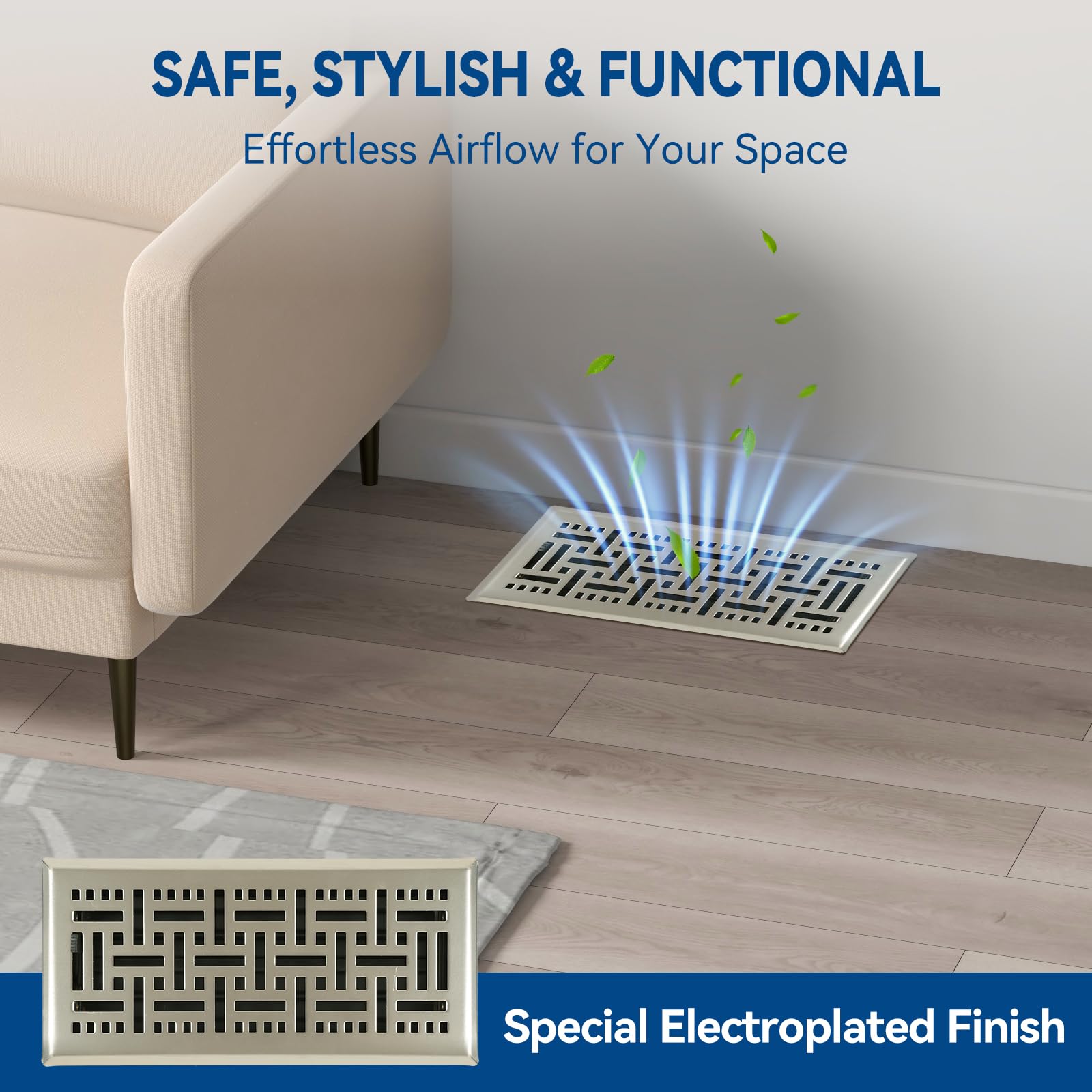 Ventyun floor register 4x10 brushed nickel side view shows adjustable airflow plate.
