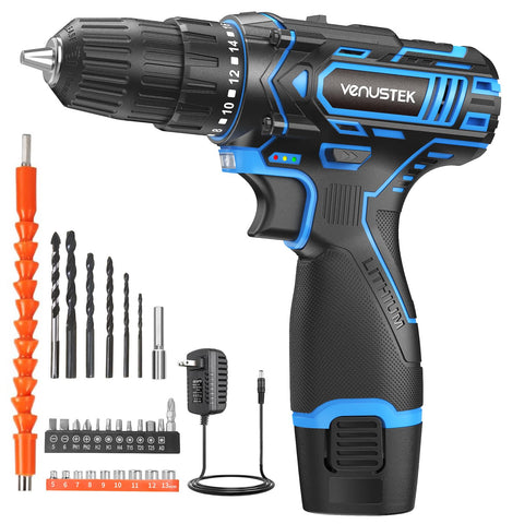Venustek cordless drill with 3/8-inch chuck for quick bit changes