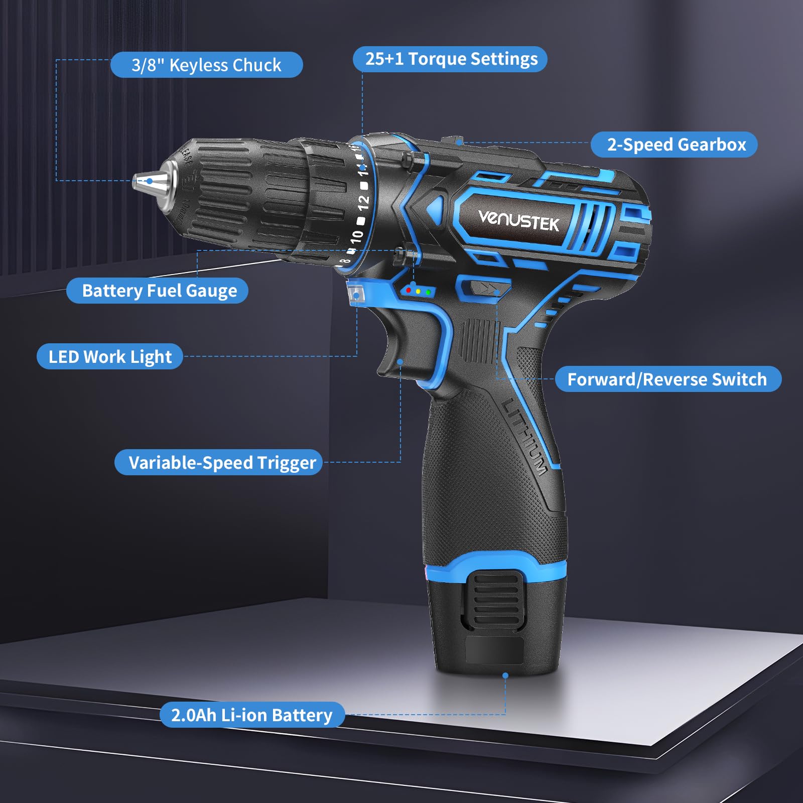 Venustek 2.0Ah battery powering prolonged drilling tasks