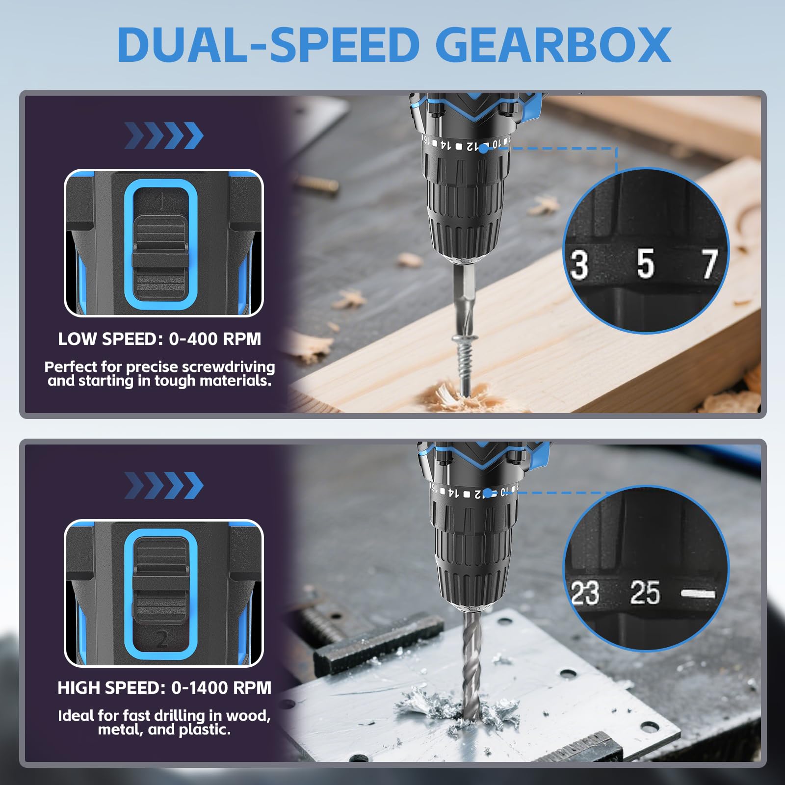 Venustek cordless drill dual speed 0-400/1400 RPM demonstrated