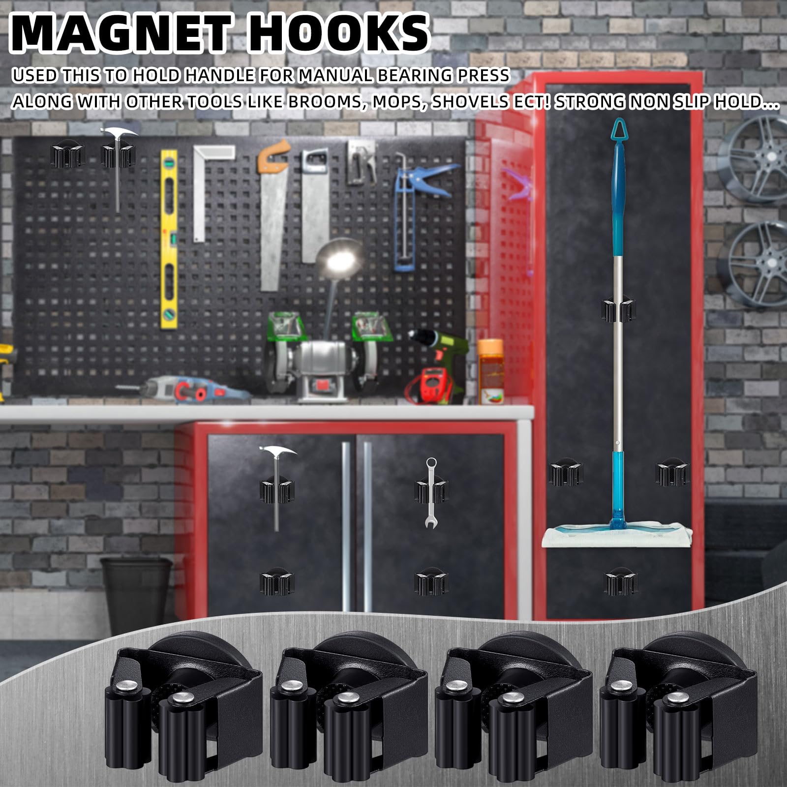 Vercraft black wall mounted mop holder blends with spaces.