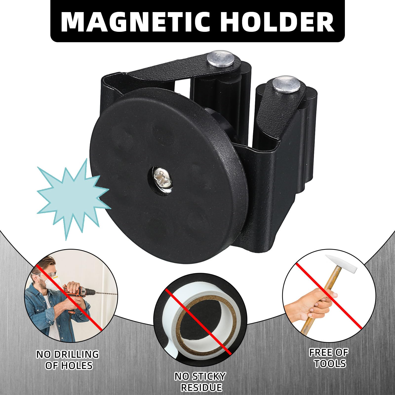 Vercraft movable magnetic holder keeps mops handy without drilling.
