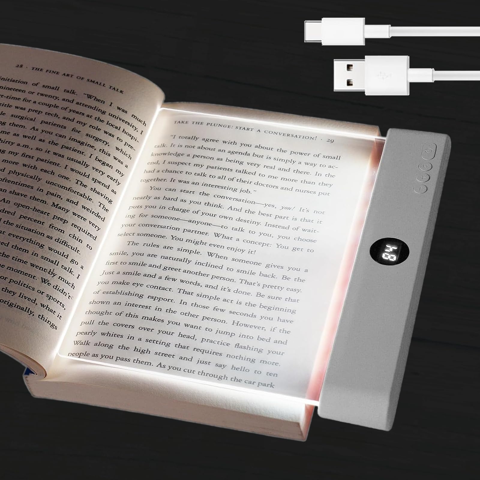 Verdzo Book Light flat panel close-up showing glare-free reading.