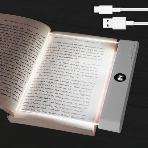 Verdzo Book Light flat panel close-up showing glare-free reading.