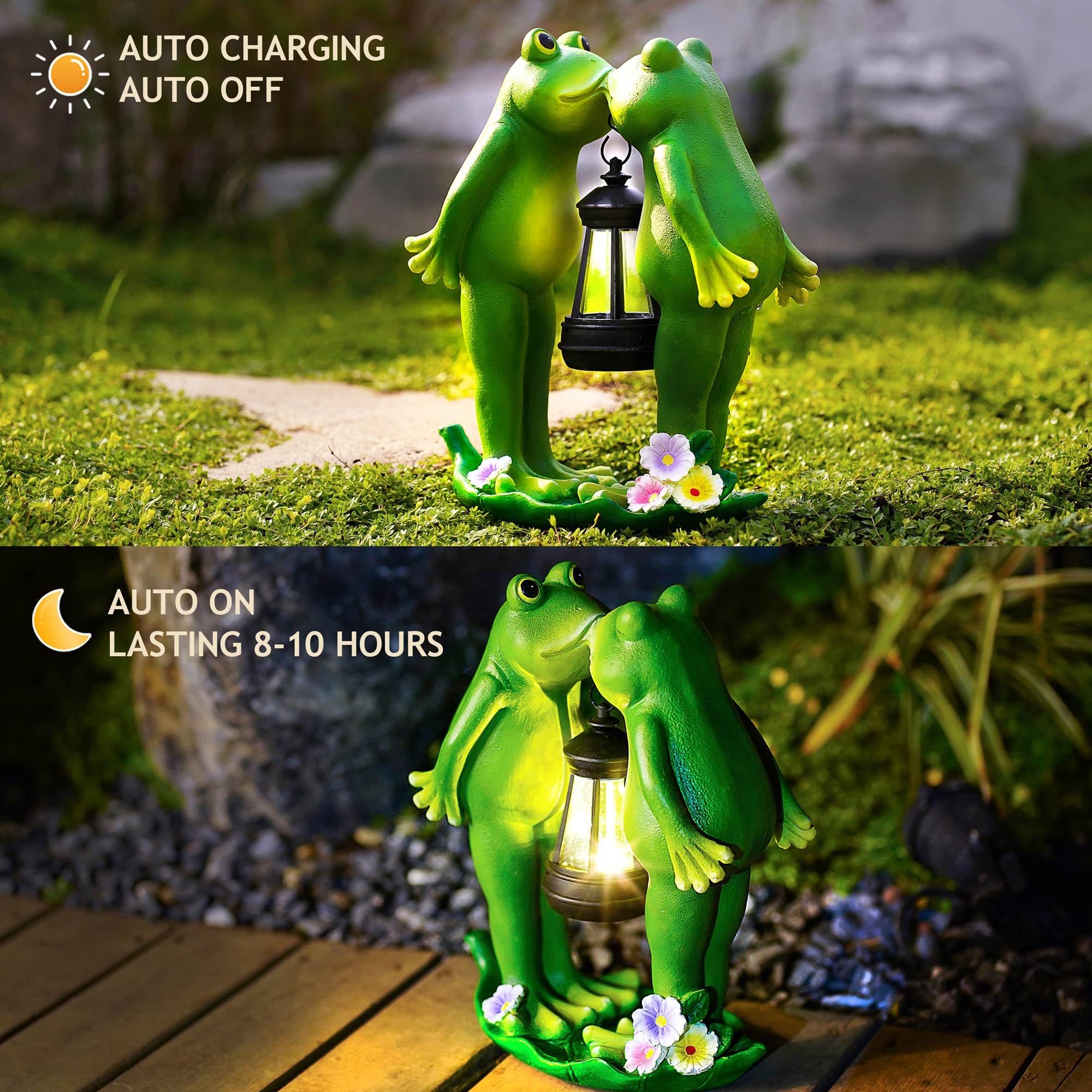 Vereemy solar frogs statue with bright flowers adds color to outdoor spaces.