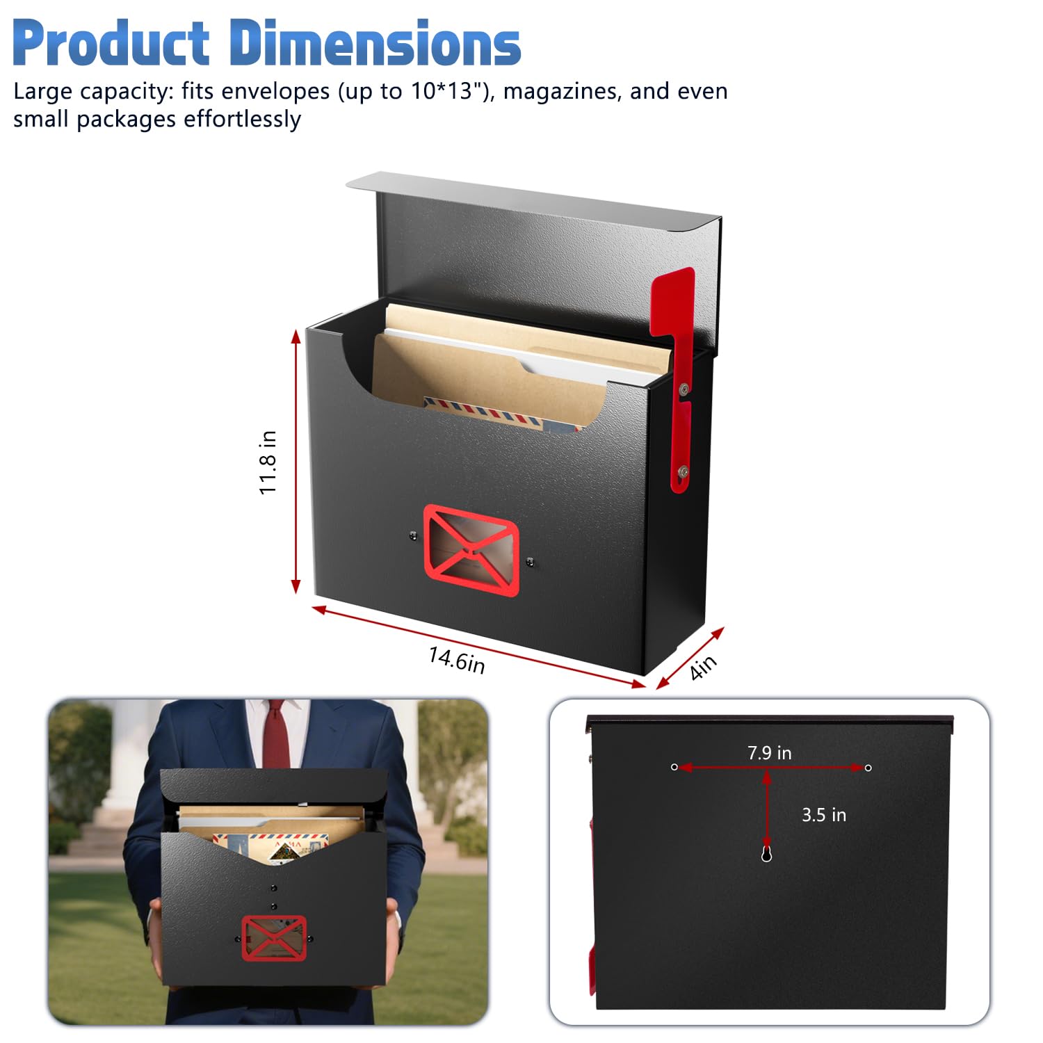 VerinsIroin outdoor mailbox with large capacity for envelopes and magazines.