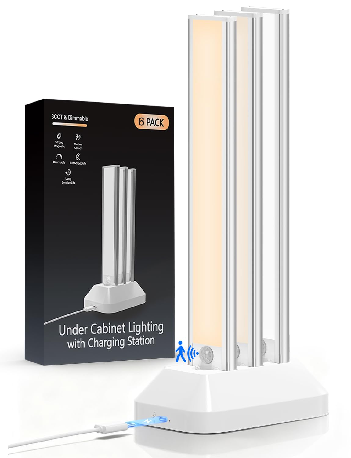 VerRon 12in under-cabinet light with charging station illuminating a clean kitchen counter