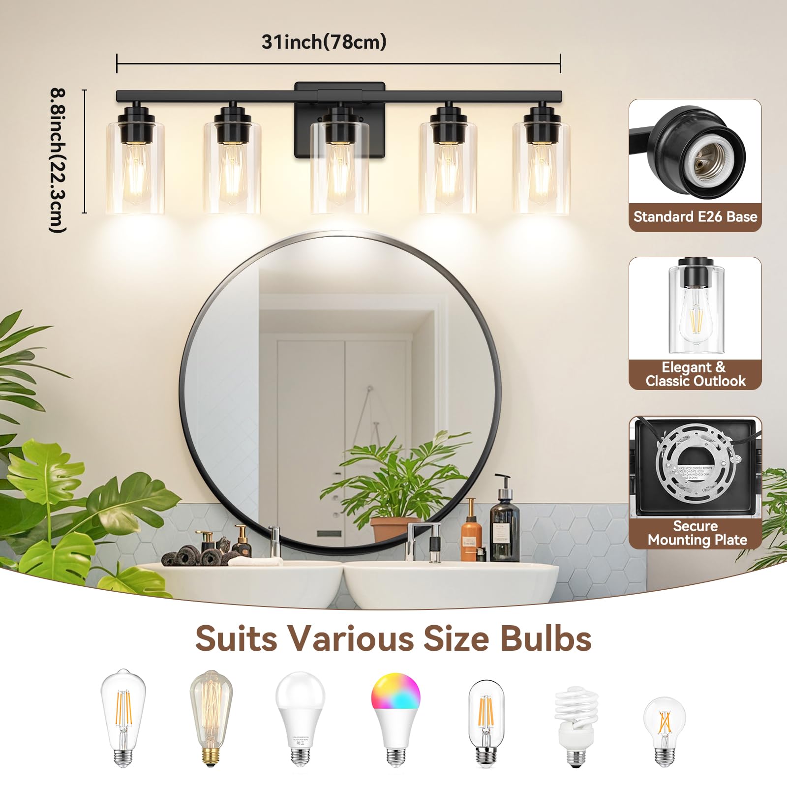 VerRon 31-inch fixture fills vanity walls with balanced, wide-spread illumination.