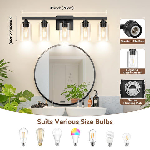 VerRon 31-inch fixture fills vanity walls with balanced, wide-spread illumination.