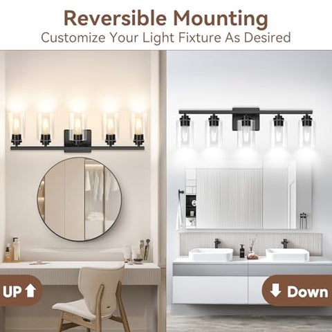 VerRon over mirror fixture with clear glass shades and bold contemporary finish.