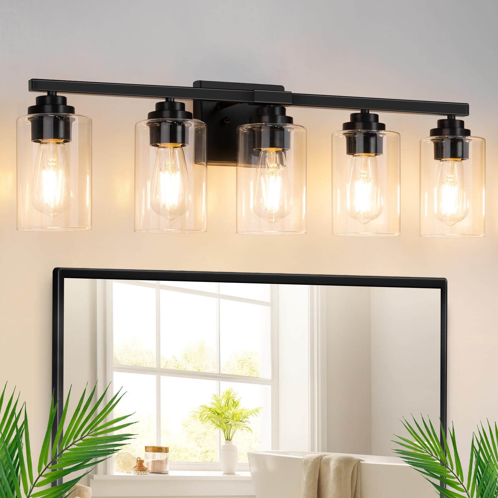 VerRon 5-light matte black bathroom light with wide profile over mirror for even illumination.