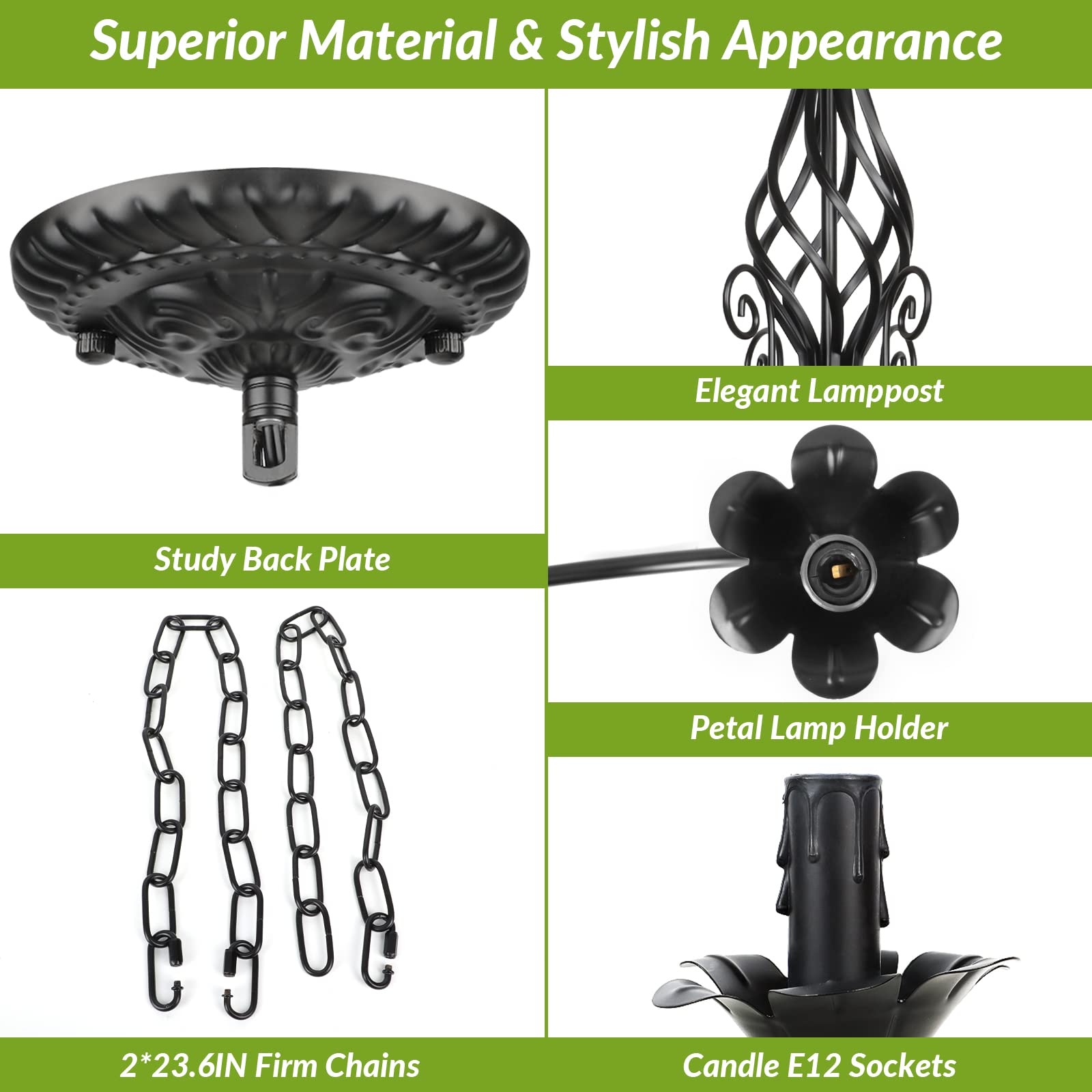 VerRon candle-shaped sockets detail with petal iron accents for refined vintage ambiance
