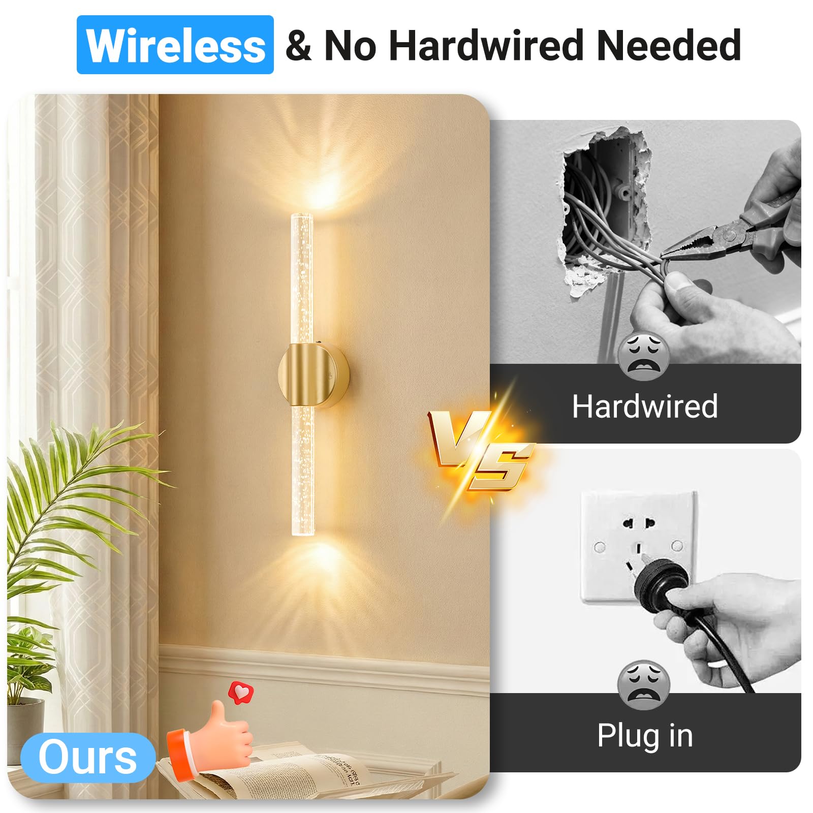 VerRon rechargeable wall sconce with USB-C for cordless use and long runtime