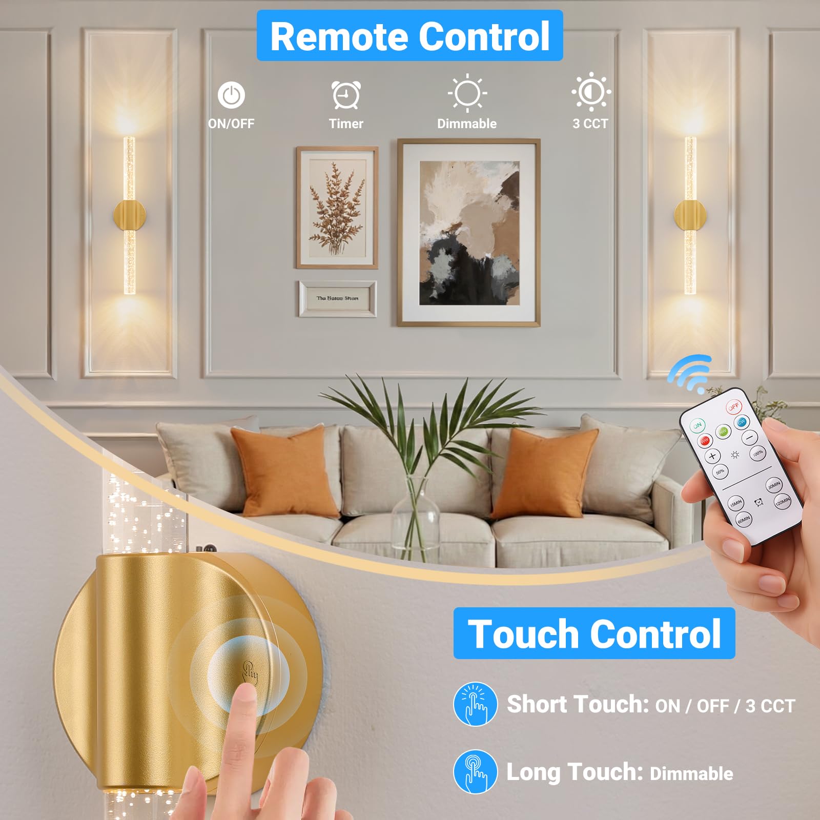 VerRon touch and remote wall sconce with 3CCT and dimming options