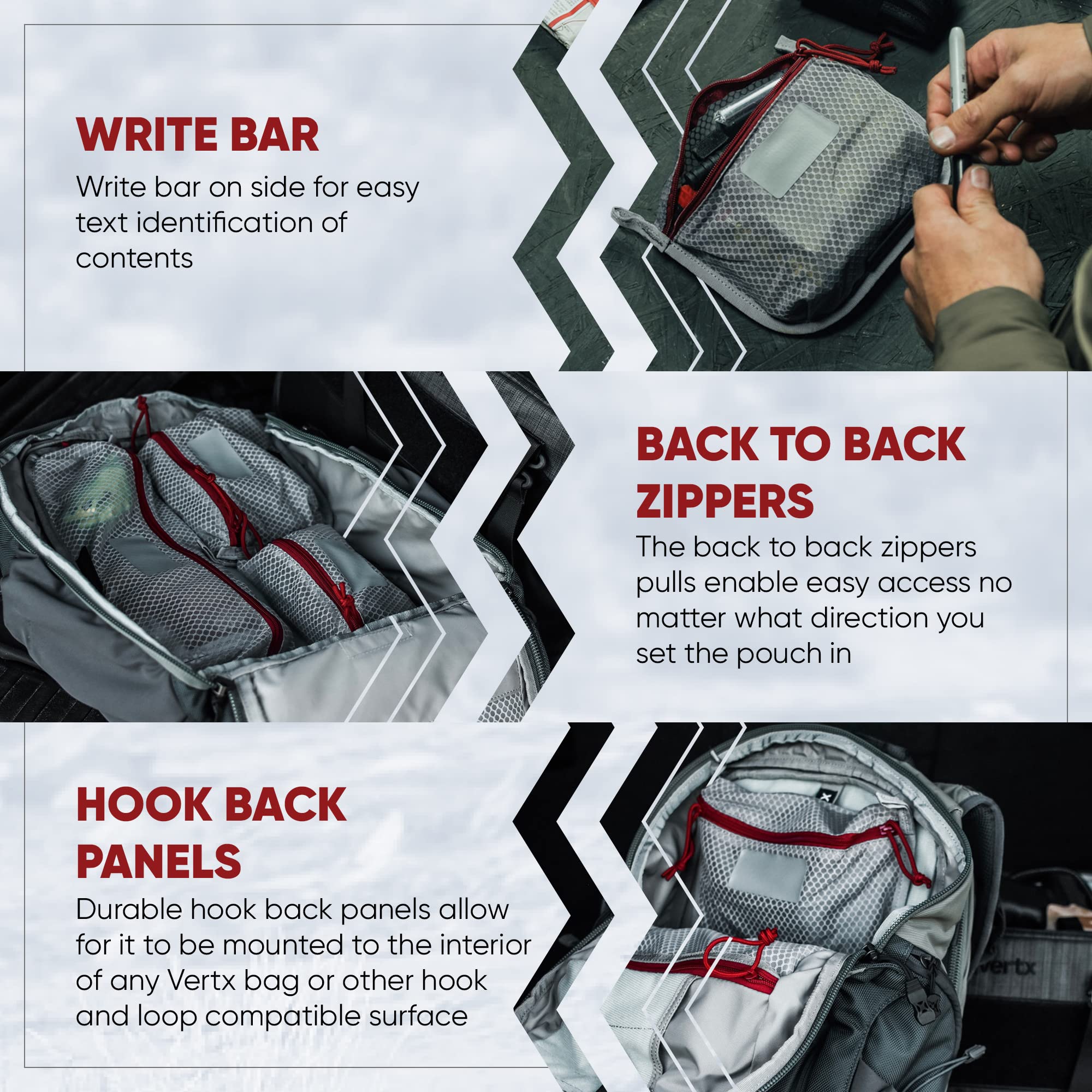 Vertx Overflow Pouches back-to-back zippers enable easy access from any orientation.