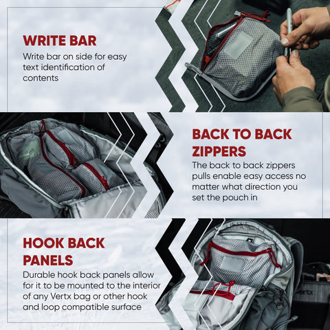 Vertx Overflow Pouches back-to-back zippers enable easy access from any orientation.
