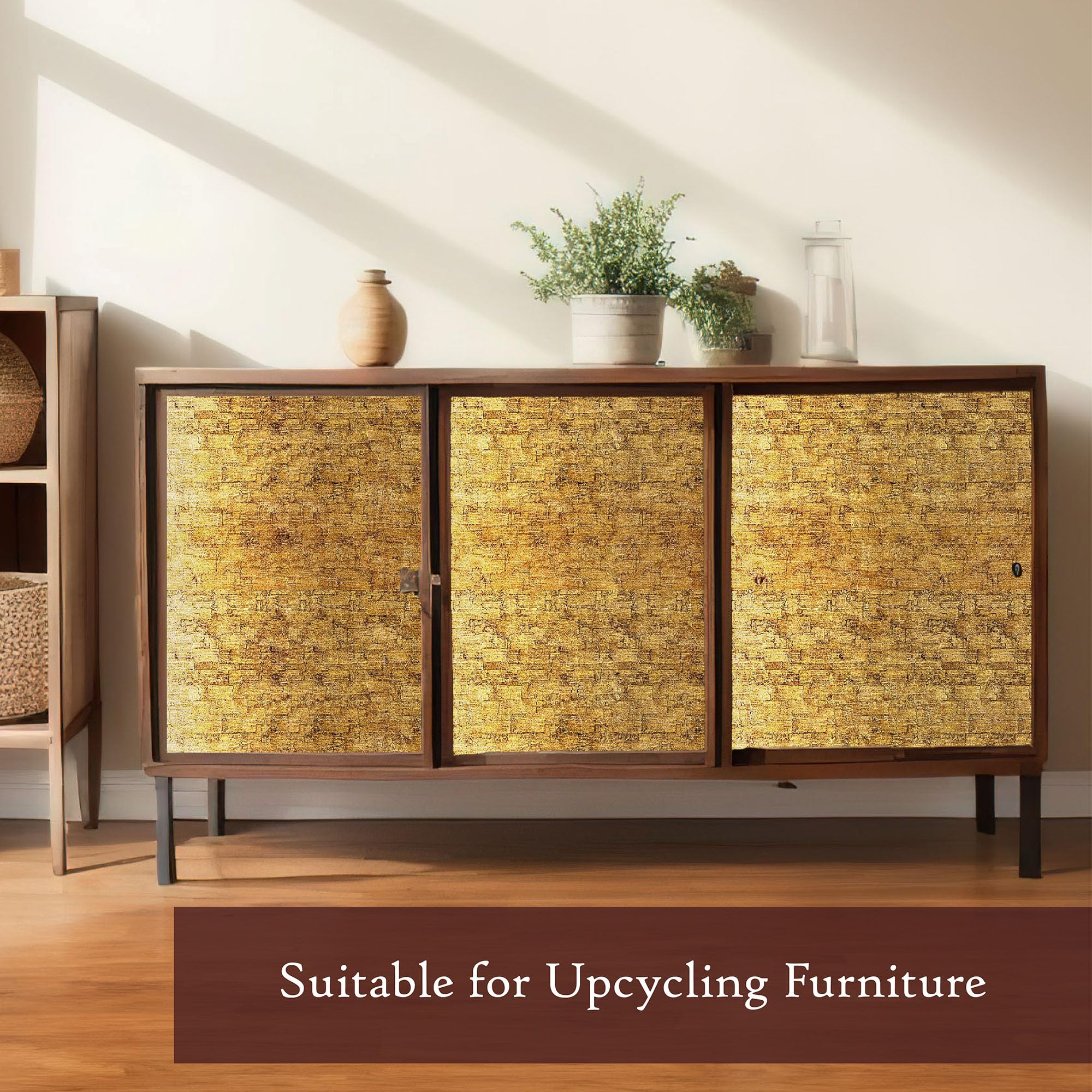 Very Berry Sticker gold wallpaper on kitchen cabinet enhances style with easy cleanup.
