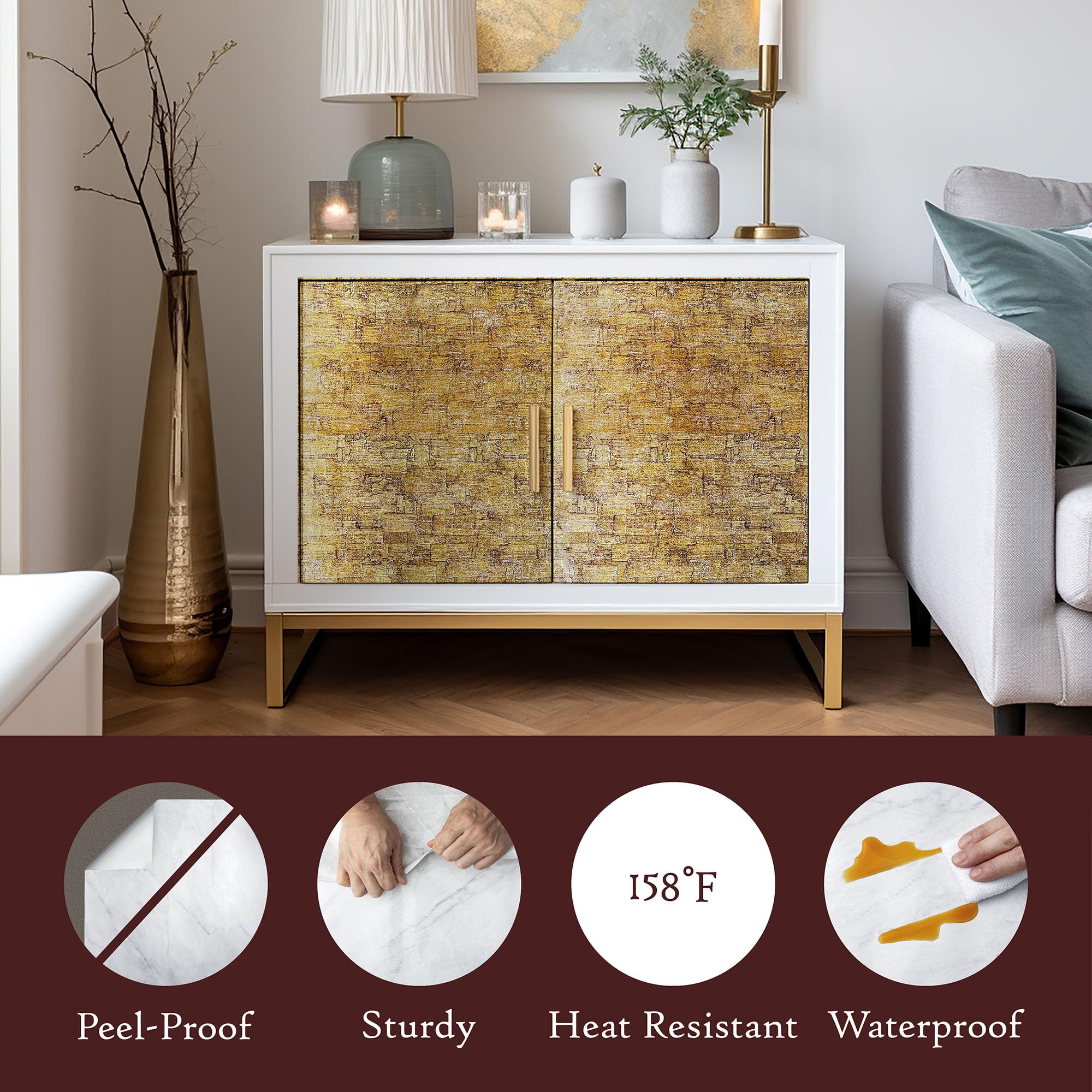 Very Berry Sticker gold wallpaper in living room adds luxe accent and protects surfaces.