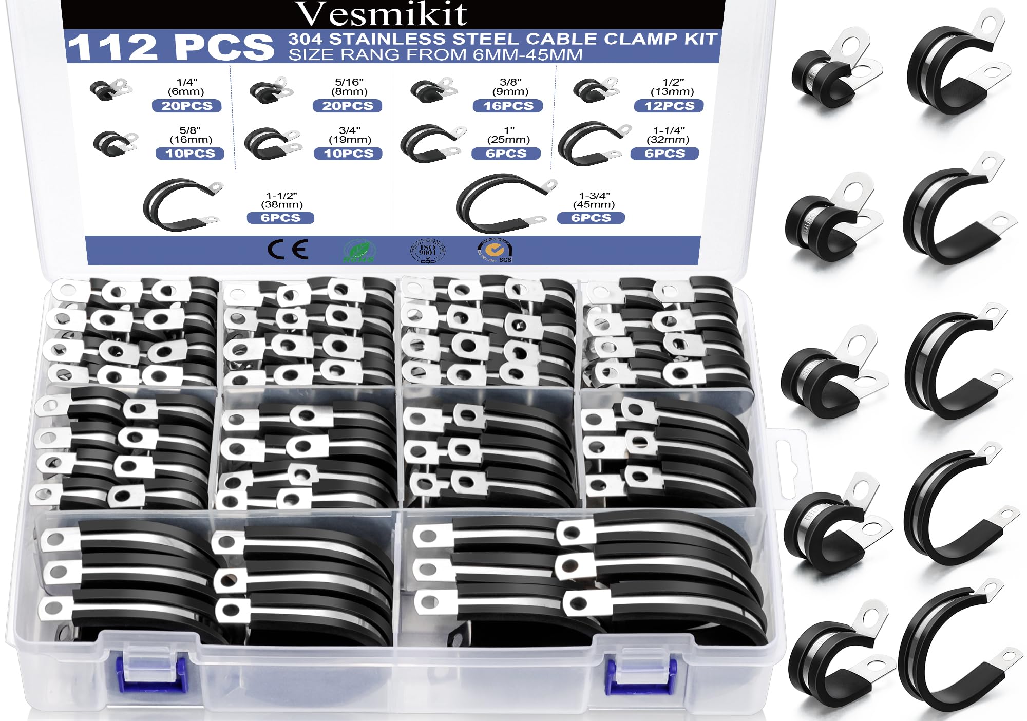 Vesmikit cable clamps 112pcs package for versatile hose and wire organization.