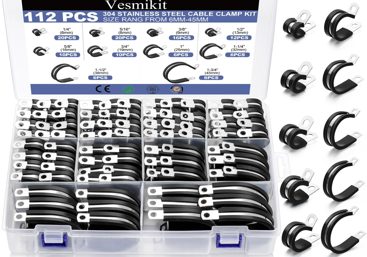 Vesmikit cable clamps 112pcs package for versatile hose and wire organization.