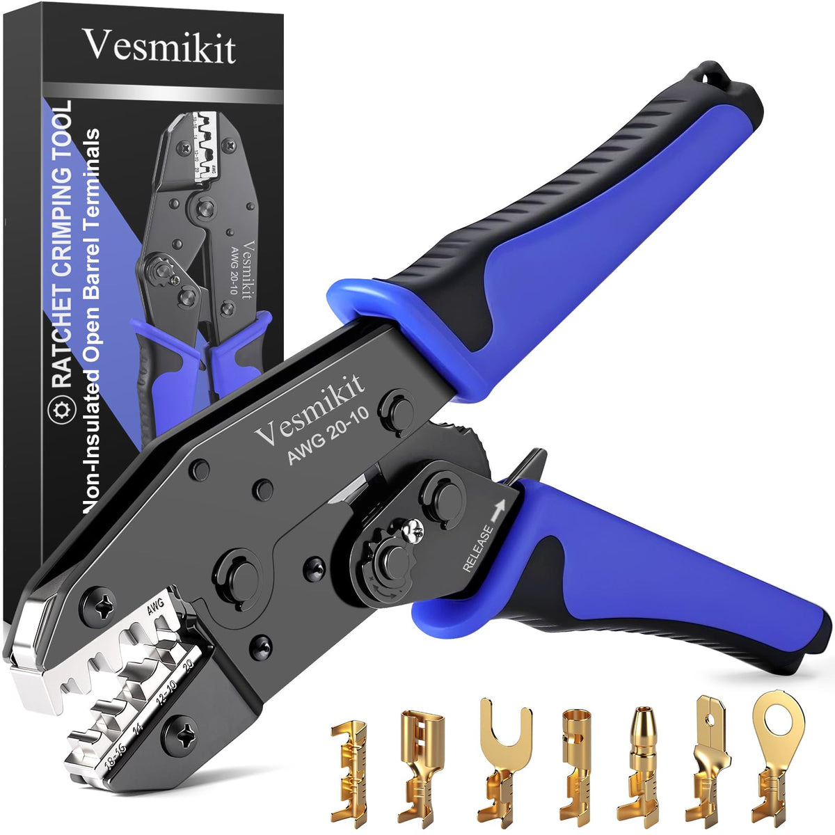 Vesmikit crimping tool for non-insulated open-barrel terminals delivers secure, repeatable crimps.