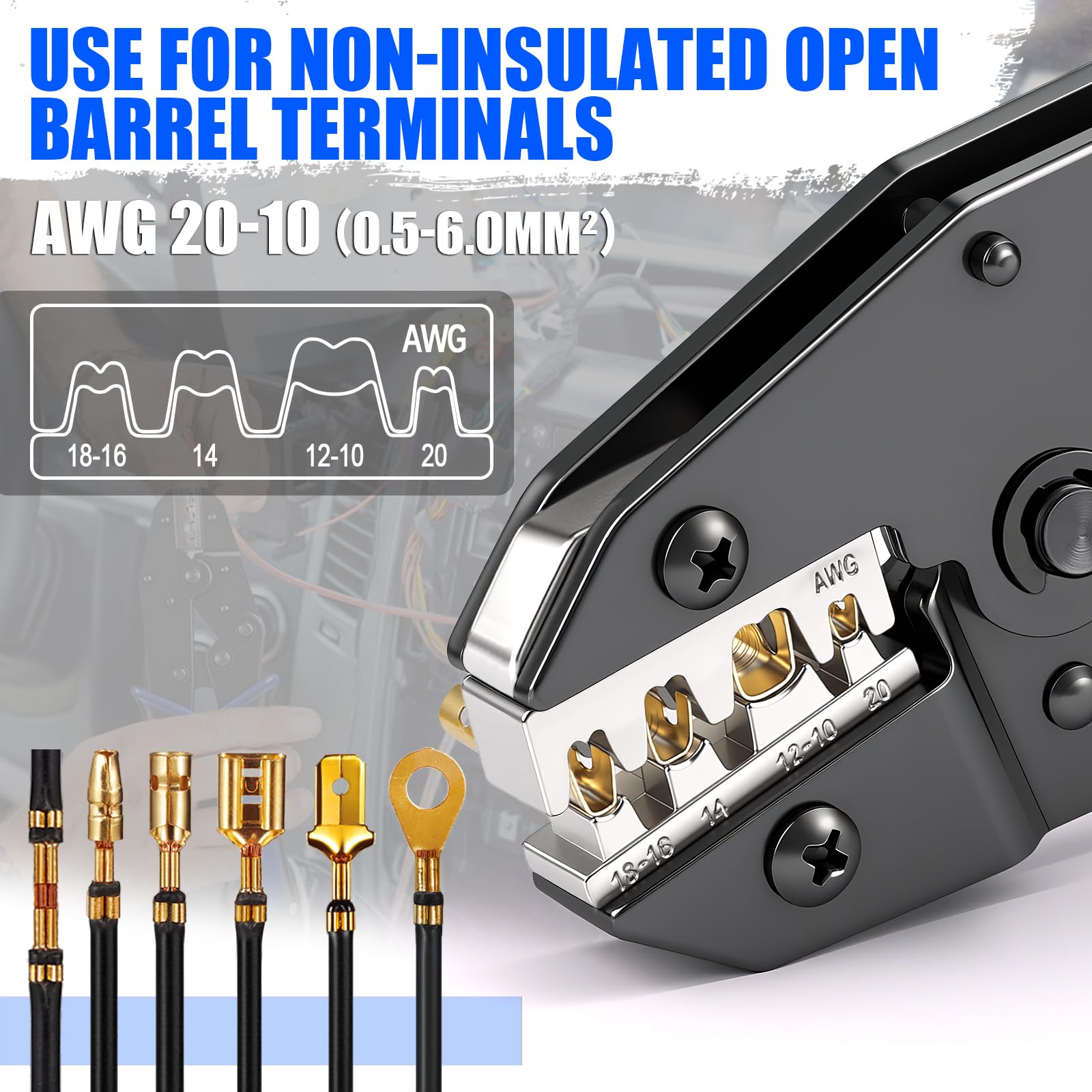 Vesmikit wire crimper ratchet tool enables precise AWG 20–10 crimps.